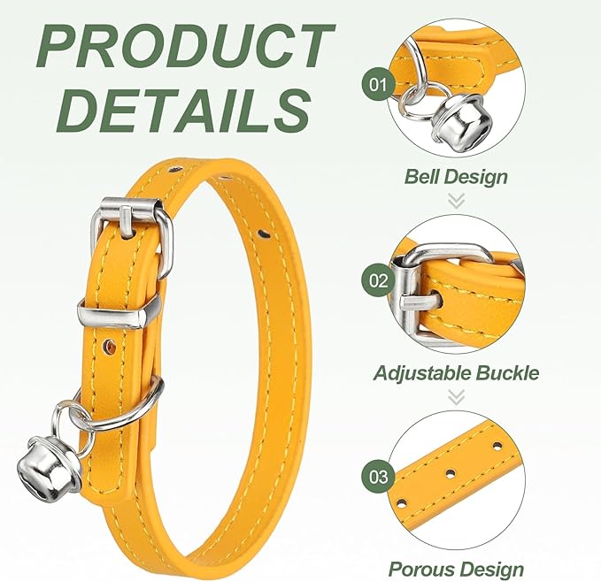 Dog Collar with Bell, Pu Leather Cat Collars Pet Basic Soft Padded Adjustable Buckle, 10" (Gold, 1 Pcs), Intended for Teacup/Little Dog/Kitten Cats/Small Animals