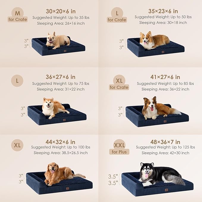 EHEYCIGA Memory Foam Dog Bed Large Sized Dogs, Pet Bed for Large Dog for Crate with Waterproof Liner, Pet Couch Bed Orthopedic with Washable Removable Cover, 35x23x6 Inches, Navy Blue