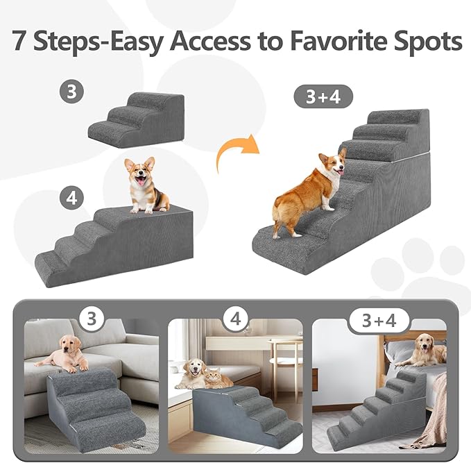 𝟳 𝗦𝘁𝗲𝗽𝘀 Dog Steps for High Bed, 30'' High Dog Stairs for Small Dogs, Waterproof Pet Stairs for Small Old Large Dogs and Cats with Removable Cover & PE Support Board for Bed, Car or Couch