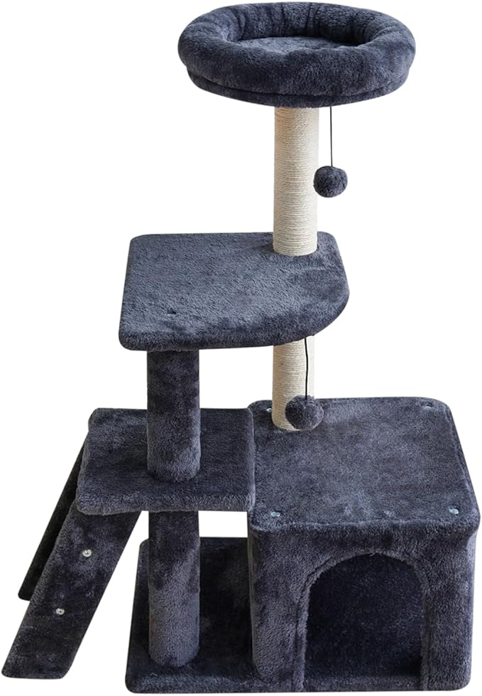 38.4'' Cat Tree Tower with Climbing Ladder, Cats Tree Scratching Post and Ball, Plush Condo, Modern Multi-Level Furniture Climber for Indoor Cats Large Adult, Dark Gray