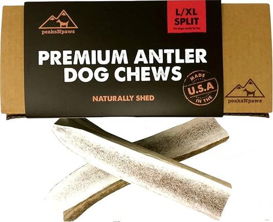 peaksNpaws Premium Split Elk Antlers for Dogs, Dog Treats Large Breed, Made in USA, Natural Chews for Aggressive Chewers, Long Lasting Pet Treat for Dogs Under 80 lbs, 2 Large/XL Antler Pack