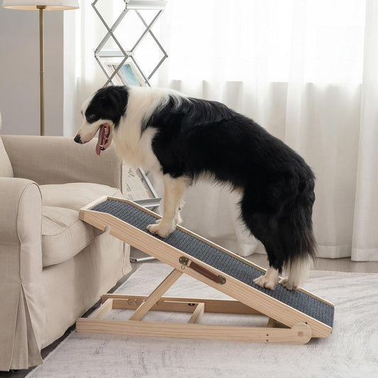 Dog Ramp for Bed Couch - Pet Steps Stairs to Get on Bed Couch 11.8"-19.6" High for Small or Large Dog Up to 200 lbs, Adjustable Wooden Dog Ramp Steps Foldable Portable, Anti-Slip Carpet (Natural)
