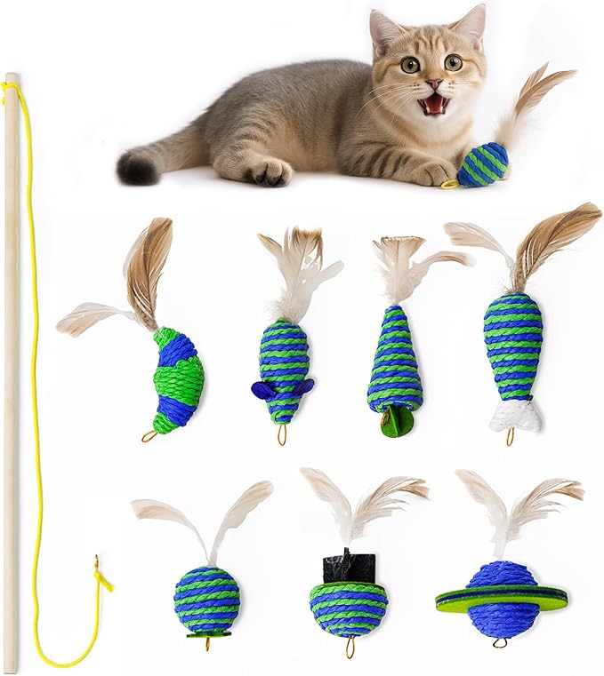 UTEE Pet Simulation Feather Toy Set Interactive Cat Toy with Mini Bell, Cat Teaser and Eco-Friendly Materials to Stimulate Play and Enhance Intimacy (Green and Blue)