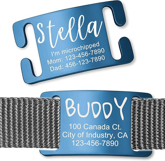 Anavia Slide On Silent Pet ID Tags, S/M/L/XL Personalized Gold Black Stainless Steel Customized Engraved Cat Dog Name Tags, Glossy Finish Chew-Proof Quiet Dog Collar Tag (Blue, Large)