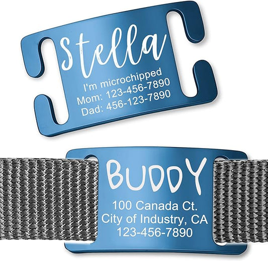 Anavia Slide On Silent Pet ID Tags, S/M/L/XL Personalized Gold Black Stainless Steel Customized Engraved Cat Dog Name Tags, Glossy Finish Chew-Proof Quiet Dog Collar Tag (Blue, Small)