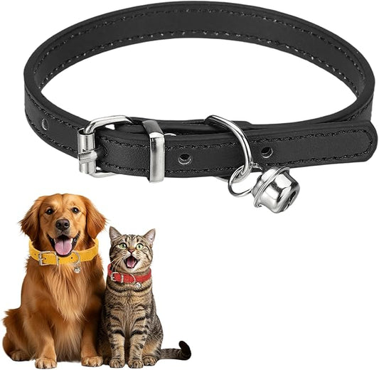 Dog Collar with Bell, Pu Leather Cat Collars Pet Basic Soft Padded Adjustable Buckle, 12" (Black, 1 Pcs), Intended for Teacup/Little Dog/Kitten Cats/Small Animals