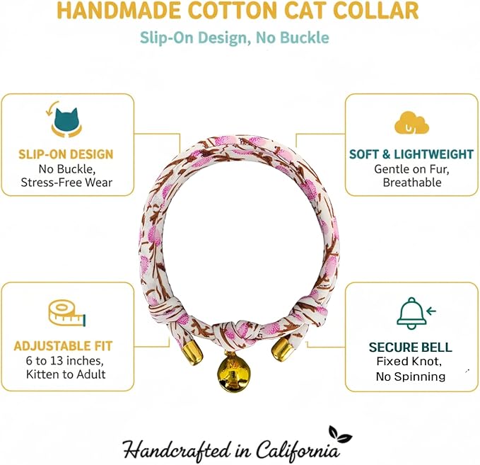 Handmade Cotton Spring Cat Collar with Bell – Adjustable Slip-On Design, No Buckle, Lightweight Rope Collar for Kittens, Indoor Cats, and Small Pets (Leaf-Pink)