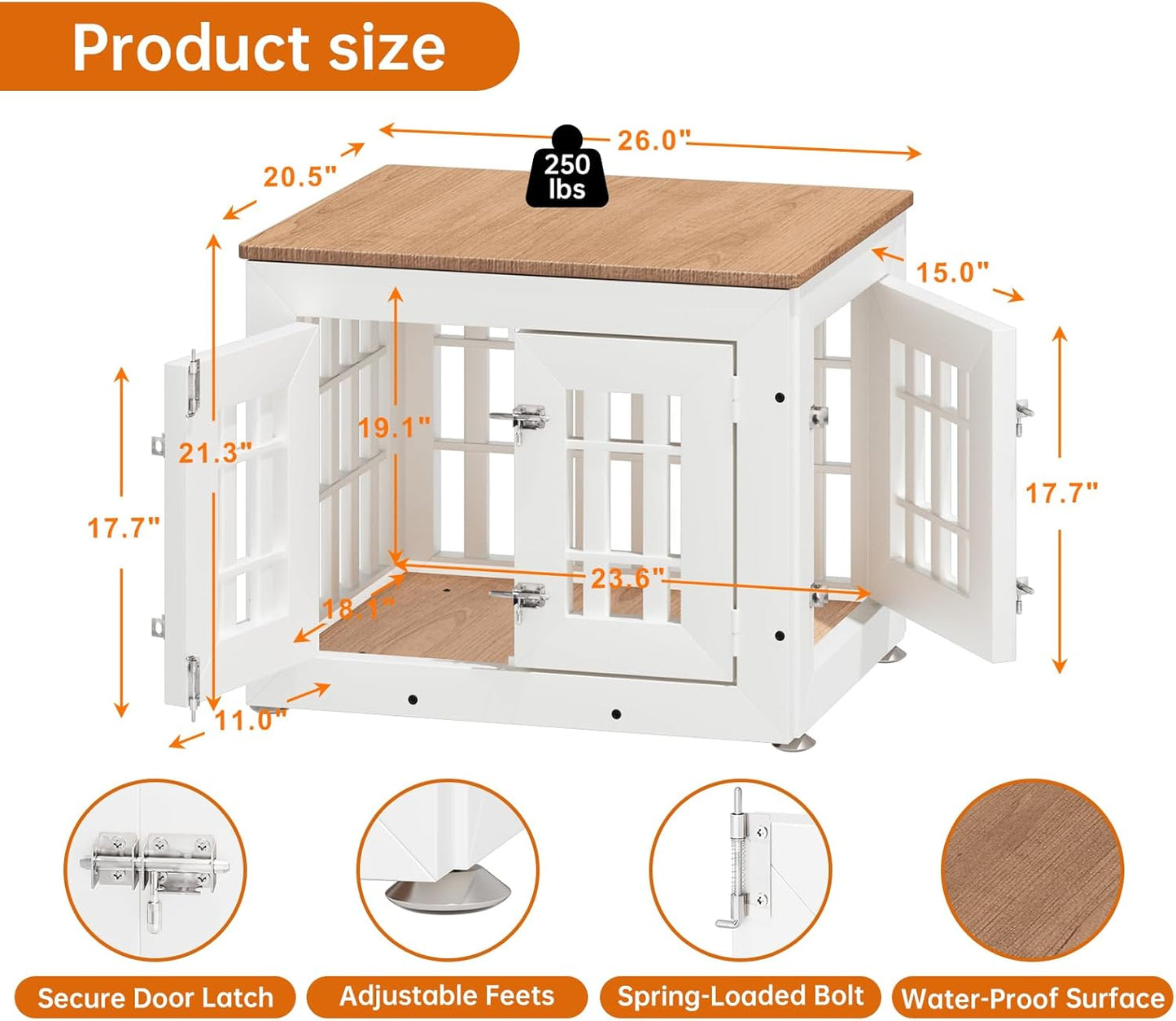 26" Heavy Duty Dog Crate Furniture for Small,Medium and Large Dogs,Rustic Wooden Dog Cage Kennel Indoor Furniture with Waterproof Top,Decorative Pet House Side End Table (White & Wood)