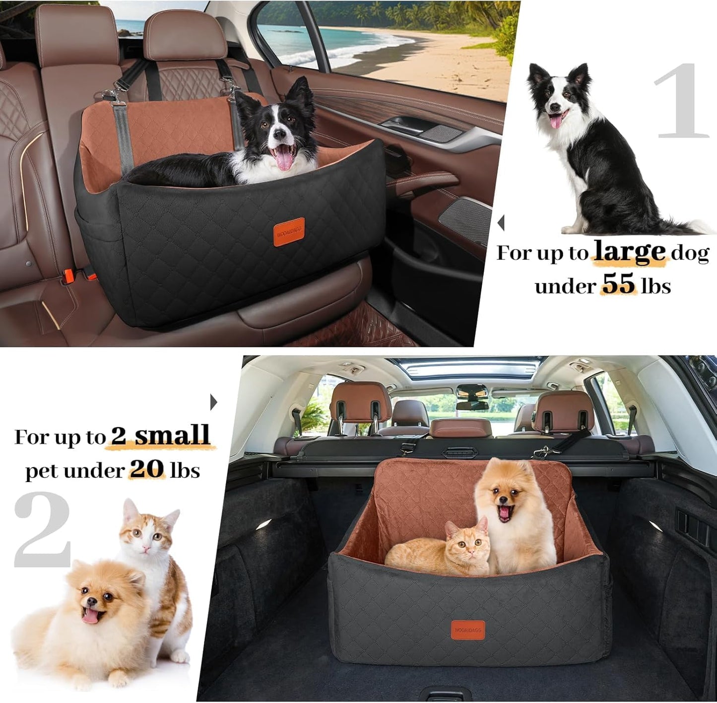 Dog Car Seat for Medium & Large Dogs Up to 55lbs, Memory Foam Cushion, Washable Cover, Safety Straps & Non-Slip Bottom(Black/Brown,Large)