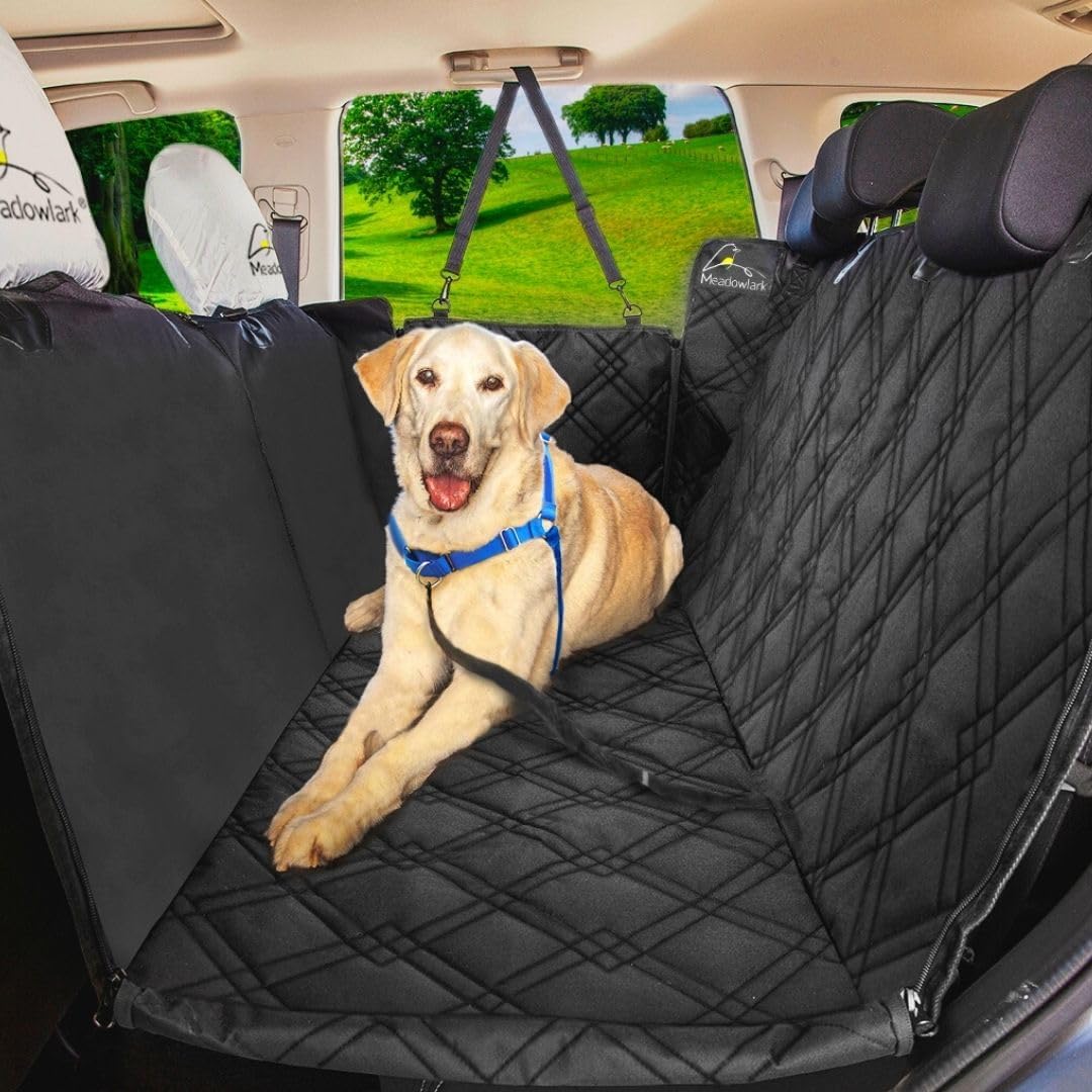 Meadowlark Dog Seat Covers Unique Design & Entire Car Protection-Doors,Headrests & Backseat. Extra Durable Zippered Side Flap, Waterproof Pet Seat Cover + Seat Belt & 2 Headrest Protectors, I0113671
