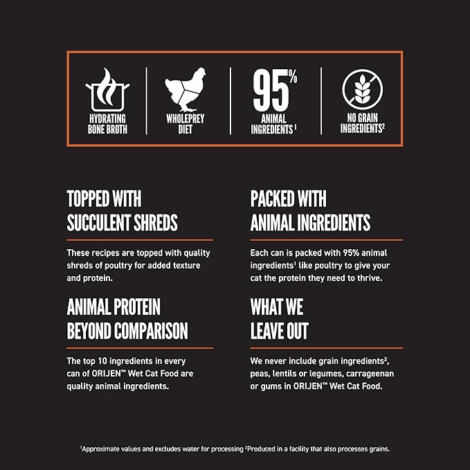 ORIJEN Chunks & Shreds Wet Cat Food Variety Pack: Original + Salmon & Chicken Entrées 3oz Cans (12 Count, 6 of Each)