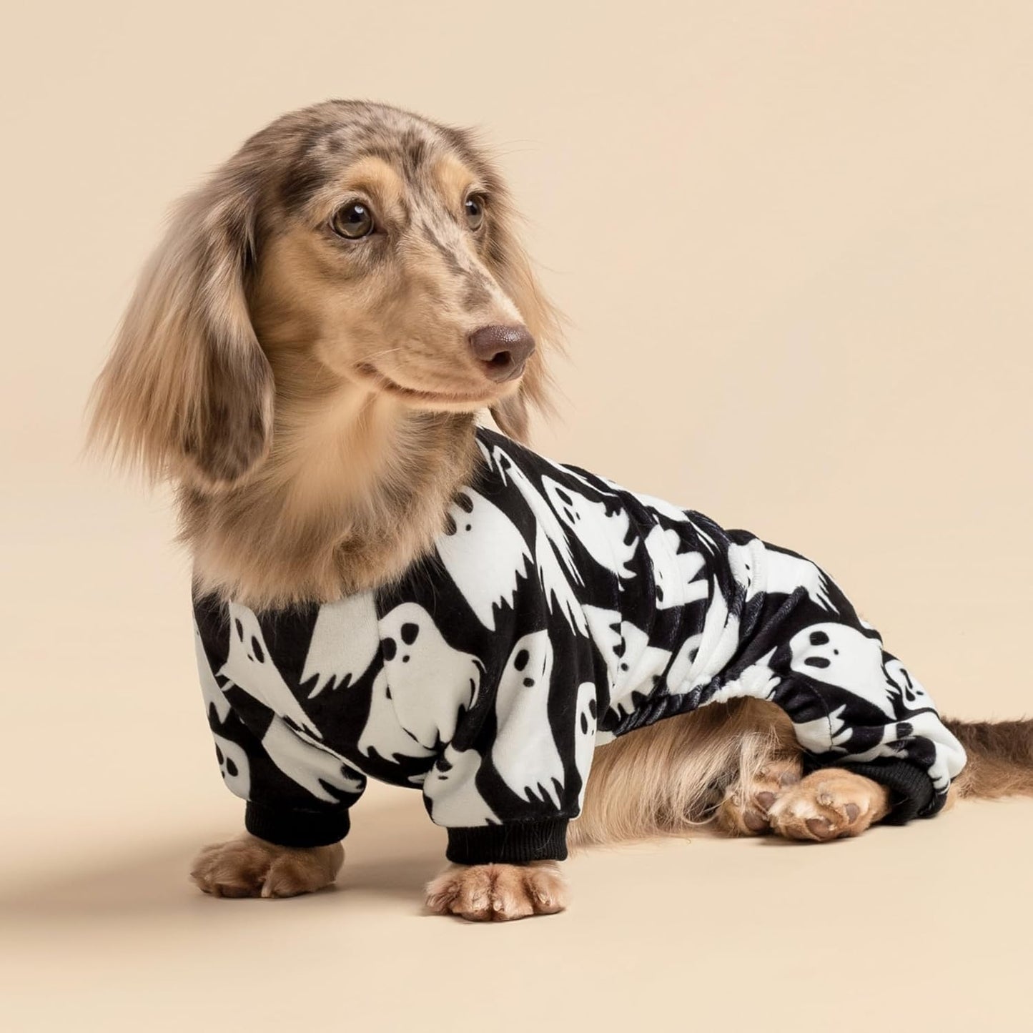 Fitwarm Halloween Ghost Dog Pajamas, Funny Halloween Costumes for Dogs, Fleece Dog Onesie with Feet, Doggy Clothes for Small Dogs Boy Girl, Pet Apparel, Black, White, XL