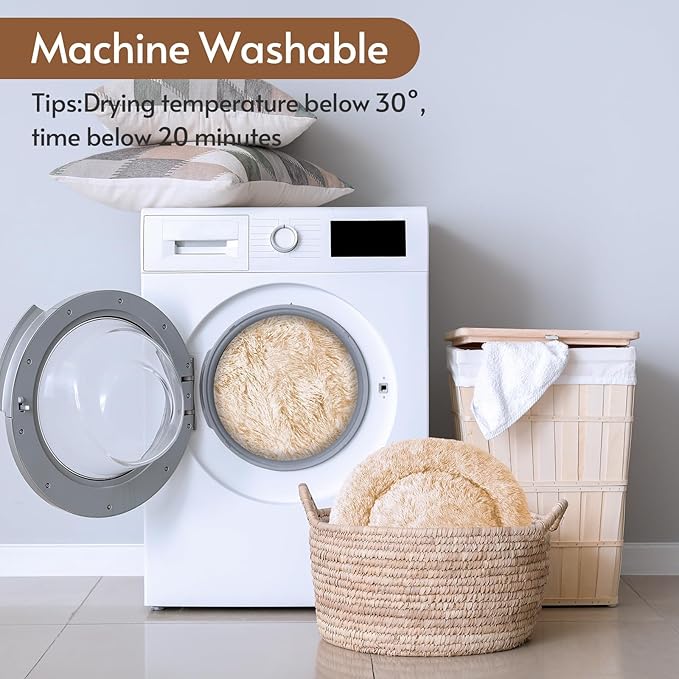 JOLLYVOGUE Small Dog & Cat Beds for Indoor Cats, Donut Cuddler Warming Soft Dog Beds with Anti-Slip Bottom, Round Calming Fluffy Plush Faux Fur Cushion Bed for Small Dogs (20", Off White)