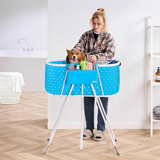 VEVOR Portable Dog Bathtub, Elevated & Foldable Space-saving Pet Shower Station with Quick Drainage, Bathing Tub for Washing & Grooming Small and Medium Size Dogs and Cats Indoor & Outdoor, Light Blue