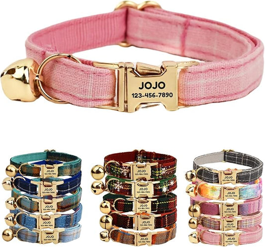 Plaid Polyester Personalized Cat Collar with Name & Owner Phone, Customizable Laser-Engraved, Charming Bell, Metal Buckle for Kittens and Cats - Matching Leash Available (Style-A)