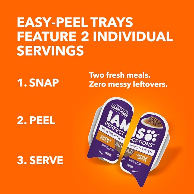 IAMS Perfect Portions Healthy Kitten Grain Free Wet Cat Food Pate, Chicken Recipe, 2.6 oz. Easy Peel Twin-Pack Trays (24 Count, 48 Servings)