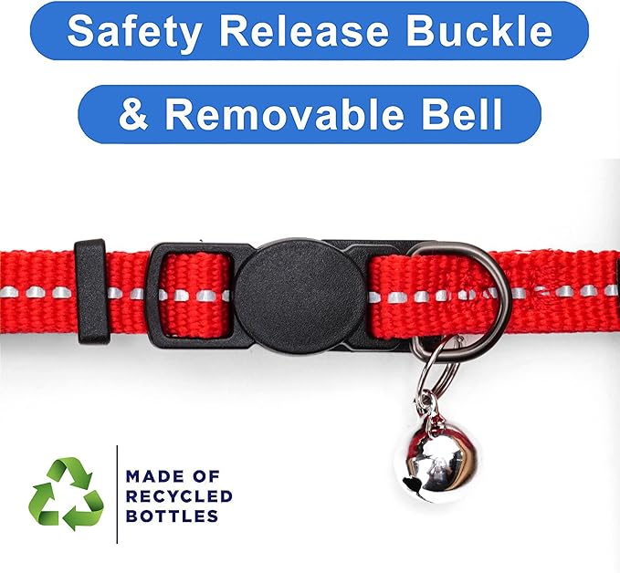 Pawtitas Recycled Red Reflective Cat Collar – Eco-Friendly Breakaway Safety Buckle, Adjustable Kitten & Adult Collar with Removable Bell and High-Visibility Strap