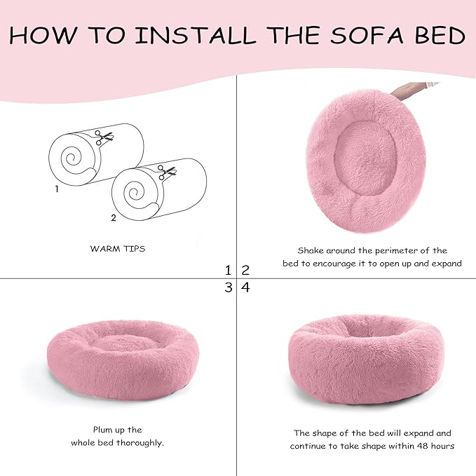 23'' inch Calming Dog Bed, Anti-Anxiety Donut Small Dog Bed, Warming Cozy Soft Cute Round Washable, Marshmallow Cuddler Nest Puppy Dogs and Cats Bed, Pink