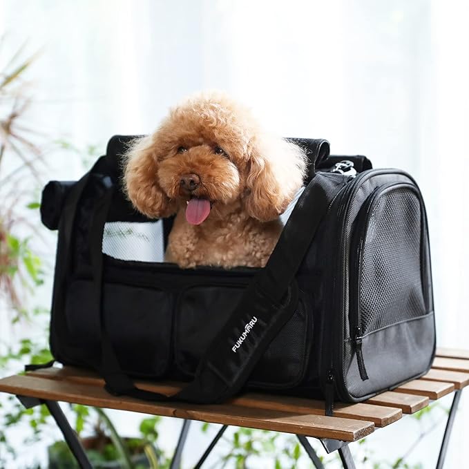 FUKUMARU Cat Carrier, 4 Mesh Windows Small Dog Carrier, 4 Storage Pockets Cat Travel Bag, Under 15 lb Airline Approved Pet Carrier, Rollable Cover for Nervous Cats, Black