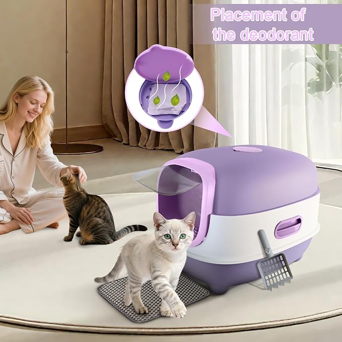 Large Cat Litter Box with Cat Litter Scoop, Foldable Litter Box with Lid, Front Entry and Exit Leak-Proof Litter Cat Box, Odor Control, Easy to Clean (Purple)