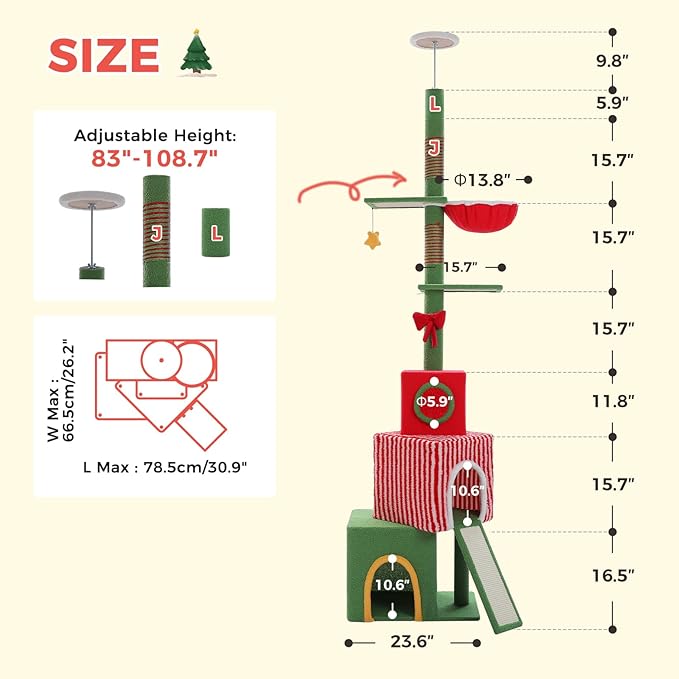 Christmas Cat Tree, Floor to Ceiling Tall Cat Tower (Adjustable Height 83"-108.7") with 3 Spacious Condos, Scratching Posts, Climbing Ladder, Hammock & Detachable Cat Toy for Indoor Cats