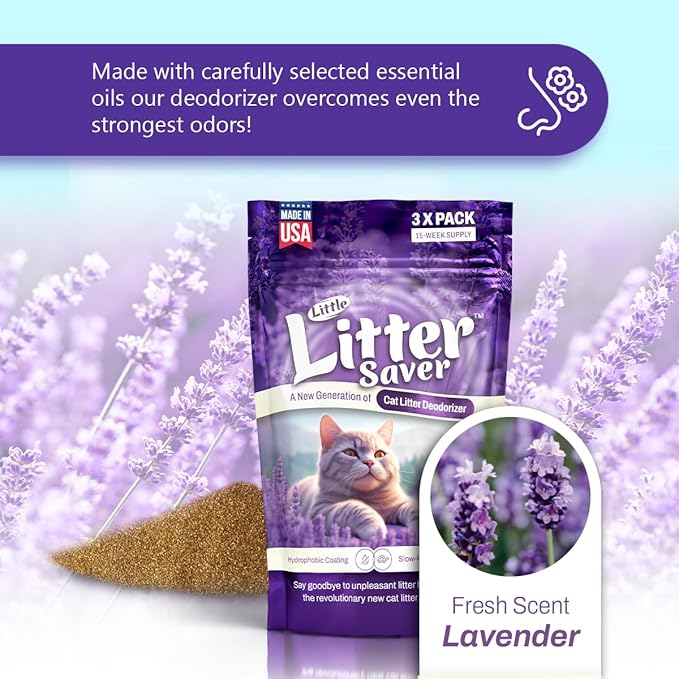 Little Litter Saver | a New Generation Of Cat Litter Box Deodorizer | Unique Slow Release Formula | Natural Fresh Scent | Up to 15 Weeks Supply | 3 x 0.5oz bags (Lavender)