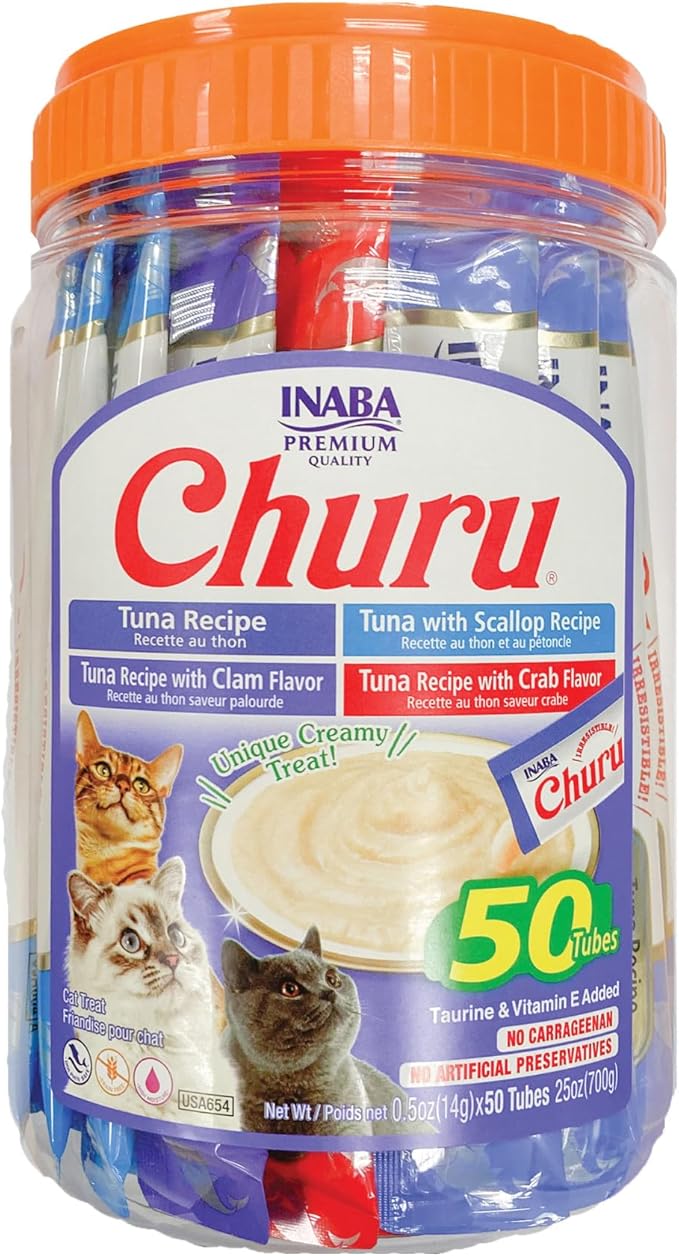 INABA Churu Cat Treats, Grain-Free, Lickable, Squeezable Creamy Purée Cat Treat/Topper with Vitamin E & Taurine, 0.5 Ounces Each Tube, 50 Tubes, Tuna & Seafood Variety