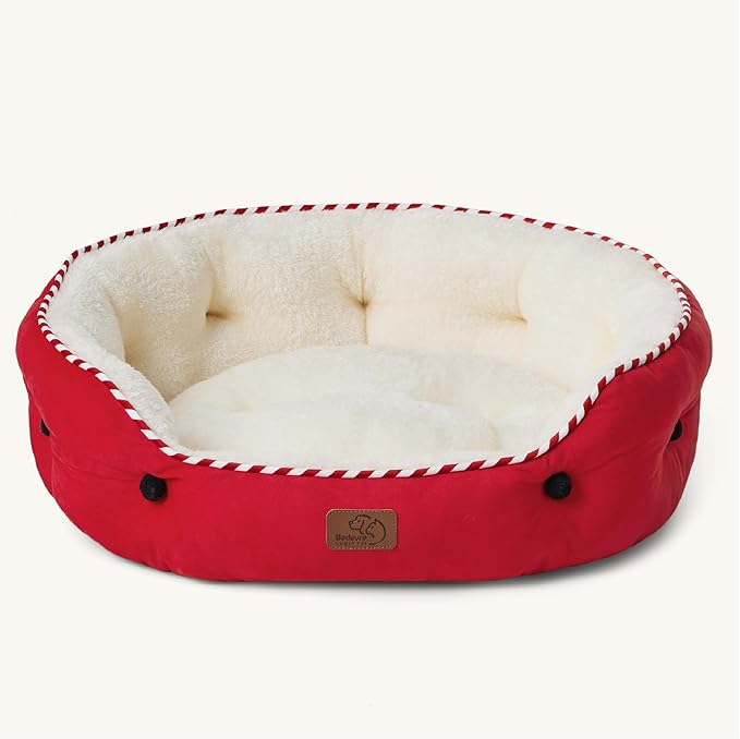 Bedsure Dog Beds for Small Dogs - Round Cat Beds for Indoor Cats, Washable Pet Bed for Puppy and Kitten with Slip-Resistant Bottom, 25 Inches, Savvy Red