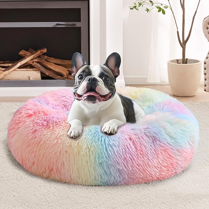 JOLLYVOGUE Small Dog & Cat Beds for Indoor Cats, Donut Cuddler Warming Soft Dog Beds with Anti-Slip Bottom, Round Calming Fluffy Plush Faux Fur Cushion Bed for Small Dogs (23", Rainbow)