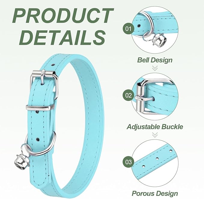 Dog Collar with Bell, Pu Leather Cat Collars Pet Basic Soft Padded Adjustable Buckle, 14.5" (Sky Blue, 1 Pcs), Intended for Teacup/Little Dog/Kitten Cats/Small Animals