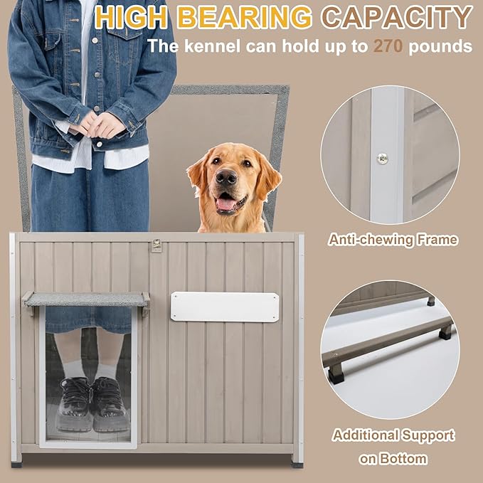 Weatherproof Outdoor Dog House, Wooden Puppy Shelter with Anti-Chewing Iron Frame and Elevated Floor, Sturdy Dog Kennel for Small, Medium & Large Dogs, Grey (Gray, 40" L x 26" W x 31" H)