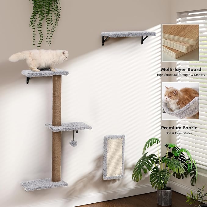 5-in-1 Cat Wall Shelves, Multi-Level Cat Climbing Furniture, Perch & Lounge for Indoor Cats, Space-Saving Wall Mounted Shelves for Play & Rest (Natural Wood) - Light Gray