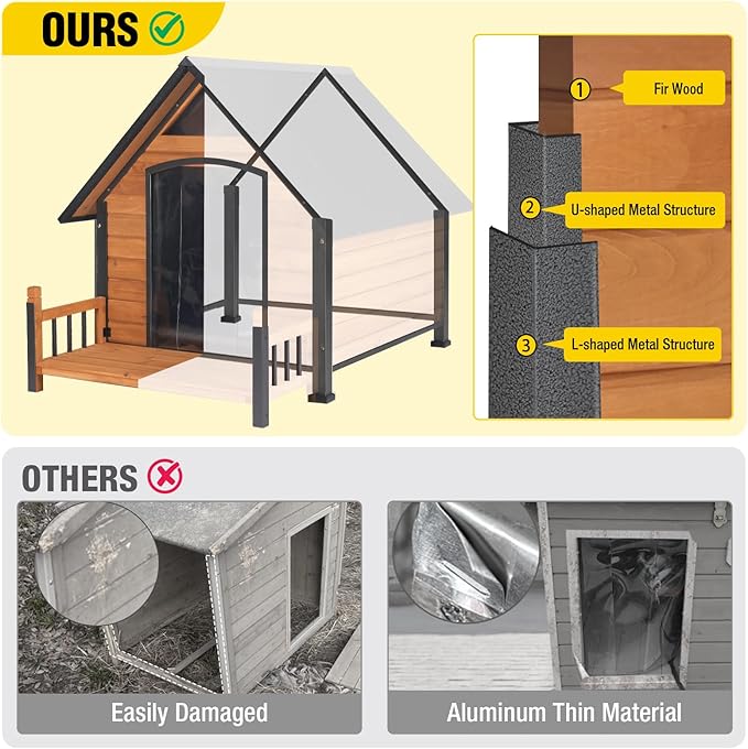 Outdoor Dog House with All-Around Insulated Liner Weatherproof Puppy Shelter Indoor Dog Kennel, Anti-Bite Dog Home for Large Breed with Porch (Brown, Large)