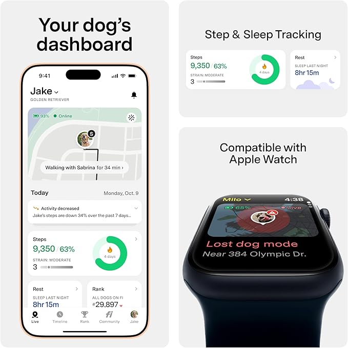 New Fi Series 3+ Smart Dog Tracker Collar [6 Month Membership Included] GPS Tracker for Dogs with Health & Behavior Monitoring, Escape Alerts, Waterproof, LED, Apple Watch Compatible (Gray, Small)