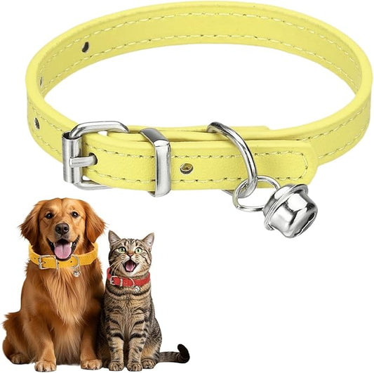 Dog Collar with Bell, Pu Leather Cat Collars Pet Basic Soft Padded Adjustable Buckle, 10" (Yellow, 1 Pcs), Intended for Teacup/Little Dog/Kitten Cats/Small Animals