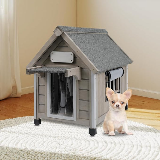 Outdoor Dog House Weatherproof Large Wooden Dog Kennel Indoor for Small Dogs with Chew-Proof Frame, Oxford Fabric Window, Removable Floor Pet Shelter (Grey, 18.1" D x 25.2" W x 24" H)