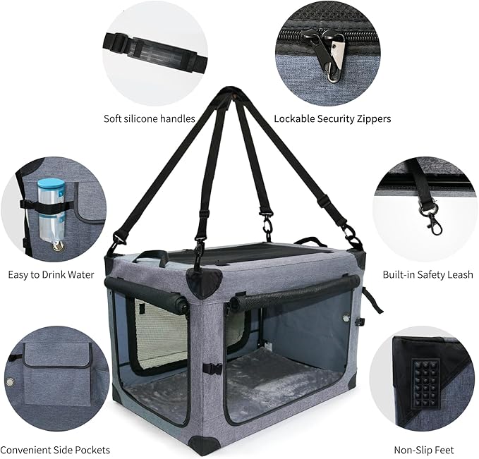NEZUC Soft Collapsible Dog Crate - 36 Inch Portable Soft Sided Travel Dog Crates for Large Dogs, 4-Door Foldable Dog Carrier, Pet Kennel Indoor & Outdoor (Gray, 36.0" L x 22.0" W x 22.0" H)