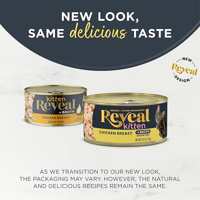 Reveal Natural Wet Kitten Food, Limited and Natural Ingredients, Grain Free, High Protein with No Artificial Additives, Chicken Breast in Broth (12 x 2.47 oz Cans)
