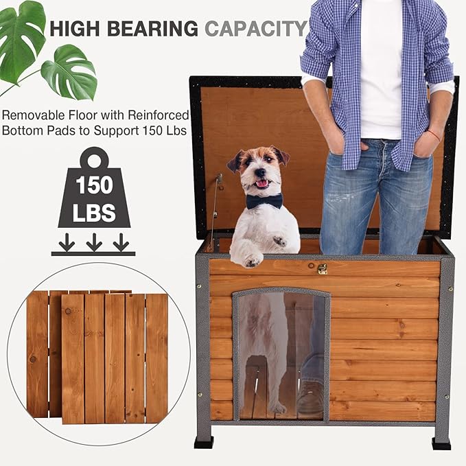 Wooden Dog House Outdoor with Iron Frame, Weatherproof Dog Kennel with Removable Floor, Anti Bite Puppy Shelter with Openable Roof (Brown, 33.5'' x 25.2'' x 22'')