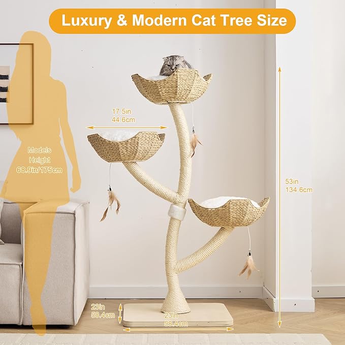 52” Tall Modern Cat Tree Tower for Large Cats| Cat Scratching Posts with Hand Woven Baskets and Mats| Luxury Cat Condo for Multiple Cats | Cat Furniture for Gifts （52” Natural）