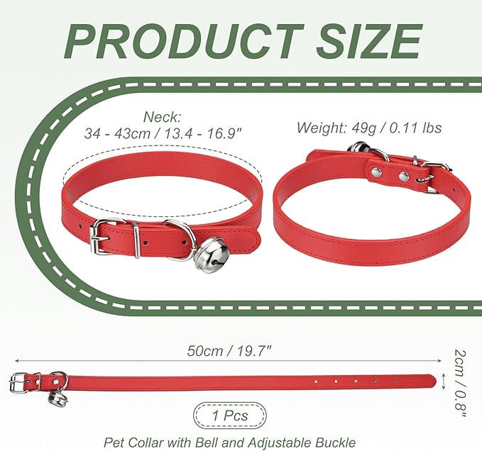 Dog Collar with Bell, Pu Leather Cat Collars Pet Basic Soft Padded Adjustable Buckle, 20" (Red, 1 Pcs), Intended for Teacup/Little Dog/Kitten Cats/Small Animals
