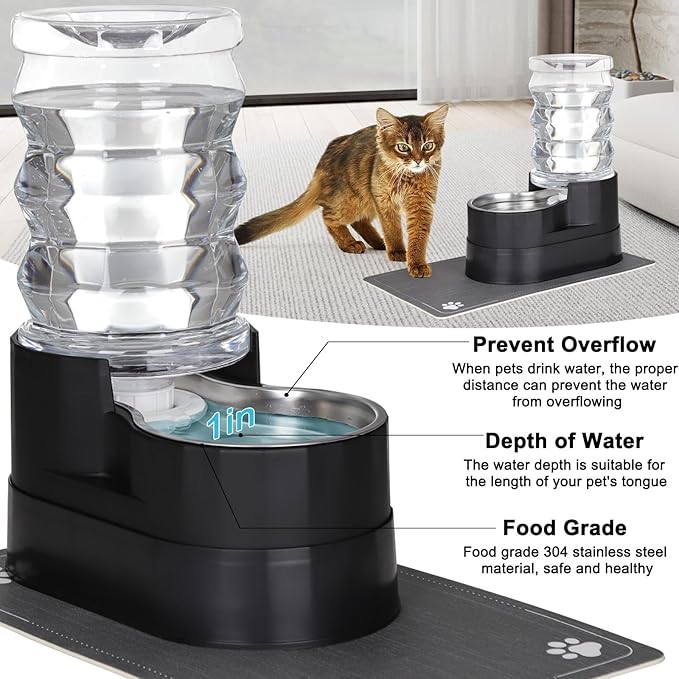 RIZZARI Automatic Cat Water Dispenser: Black 7L Elevated - Stainless Steel Gravity Feeder with Specialized Brush and Triple Filtration - Splash Guard Mat - Use in Bedroom and Livingroom