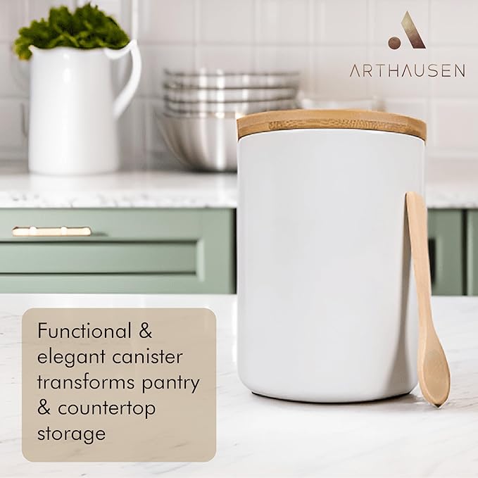 ARTHAUSEN Ceramic Storage Jar Canister - Airtight Bamboo Lid w/Silicone Seal - Modern Design for Kitchen Counter or Bathroom (White 1080mL)