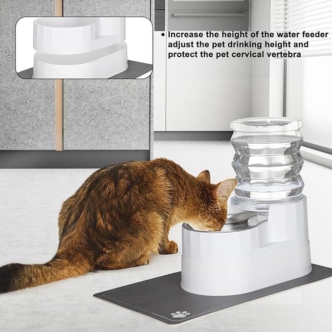 RIZZARI Automatic Pet Water Dispenser: 5L White Cats and Dogs Gravity Feeder - Stainless Steel Bowl - Outdoor Hiking Use.
