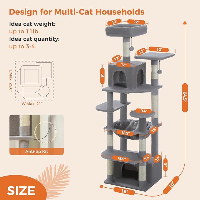 Cat Tree for Indoor Cats, 64.5" Tall Cat Tower with 2 Cozy Condos, Scratching Posts, Large Hammock and Dual Padded Perches, Multi-Level Activity Center for Large Cats, Grey