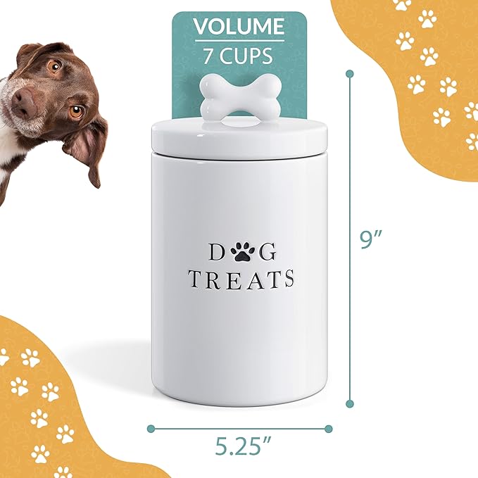 Barnyard Designs Large Dog Treat Container Airtight with Lid, Cute Rustic Ceramic Dog Treat Storage Jar for Kitchen Counter (White)