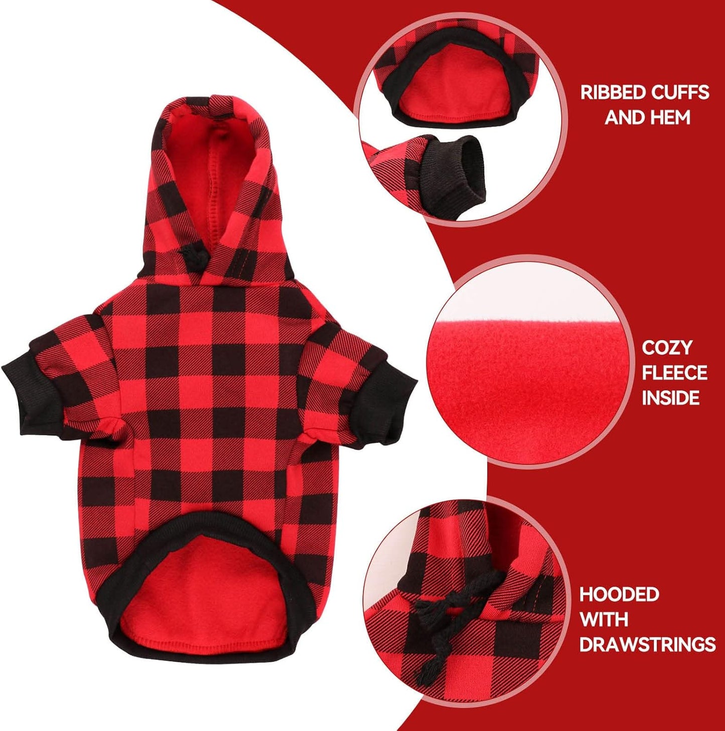 Dog Hoodie Sweater Red Buffalo Plaid Pet Clothes Warm and Soft Breathable Cozy Pet Hoodies for Large Dogs Dog Sweaters for Extra Large Dogs with Pocket(XXL)