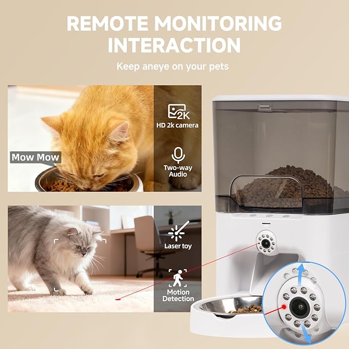 Automatic Cat Feeder with Camera, 5G/2.4G WiFi Automatic Dog Feeder, 2K HD Video and Night Vision, Remote Monitor & Feeding, Low Food Alerts,2-Way Audio, 6L Capacity, Gifts for Christmas