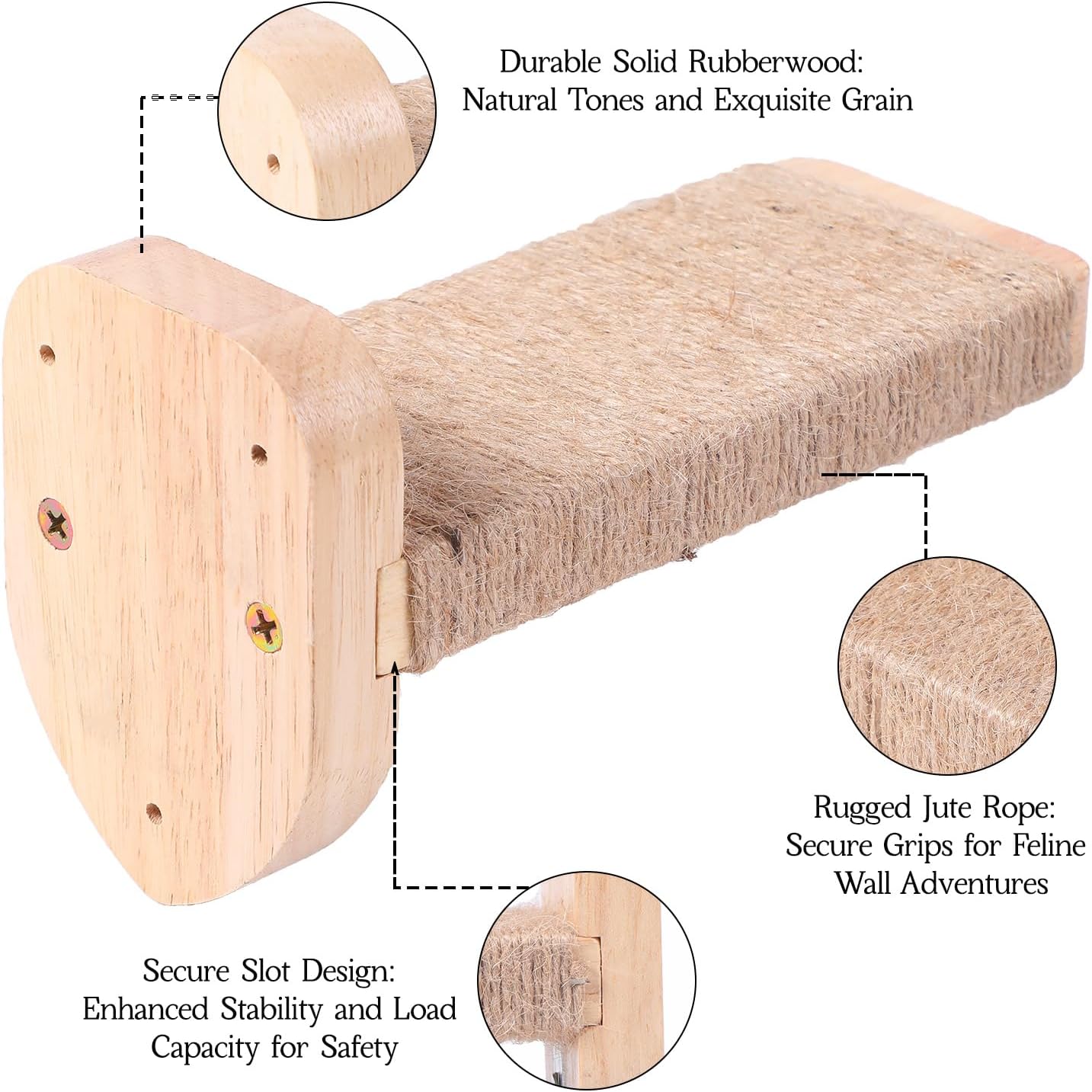 3pcs Cat Wall Steps, Climbing Mounted Furniture, Shelves With Hemp Rope Covered, Solid Wood Ladder for Playing and Climbing (Standard-Wood)