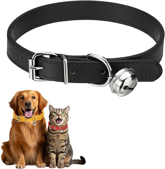 Dog Collar with Bell, Pu Leather Cat Collars Pet Basic Soft Padded Adjustable Buckle, 20" (Black, 1 Pcs), Intended for Teacup/Little Dog/Kitten Cats/Small Animals